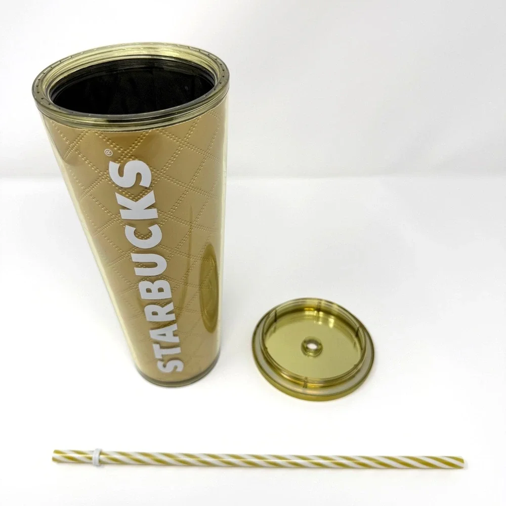 Starbucks Gold Quilted Cold Cup Tumbler 24 oz Reusable Straw Lid Chip‎
